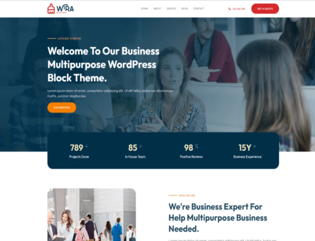 Screenshot of 'WIRA' website homepage promoting a Business Multipurpose WordPress Block Theme, featuring text overlays and blurred background image with business people.