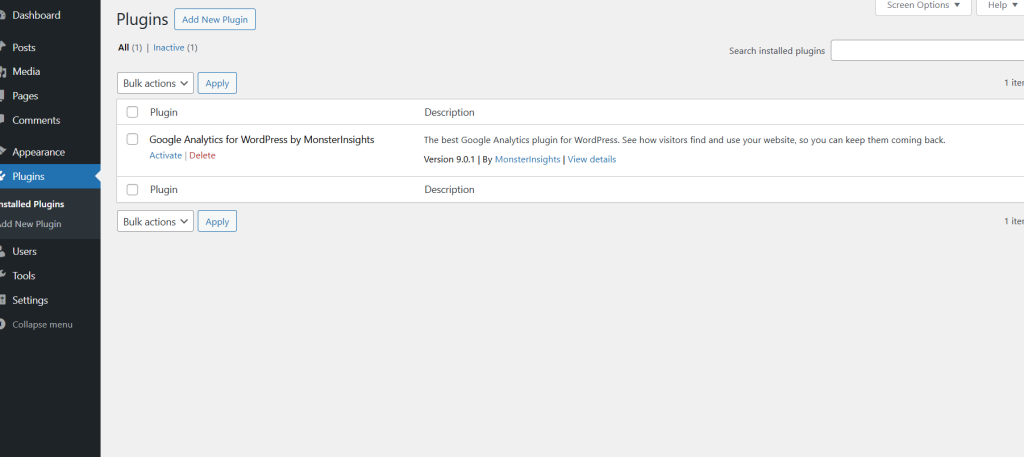 Screenshot of a WordPress admin dashboard displaying the plugin management interface, with a listing for the 'Google Analytics for WordPress by MonsterInsights' plugin.
