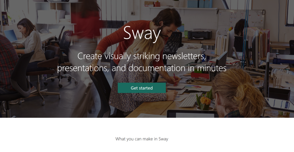 Sway WordPress theme People working in a busy office environment with computers, while an overlay promotes Sway for creating newsletters and presentations.
