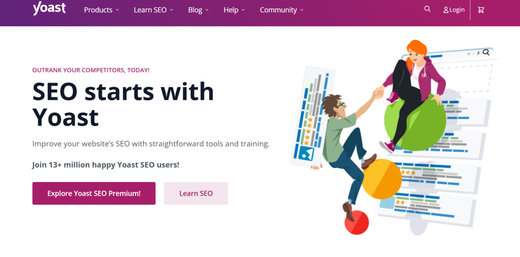 A webpage banner for Yoast SEO featuring a colorful illustration of two characters, graphs, and text promoting SEO tools and training.