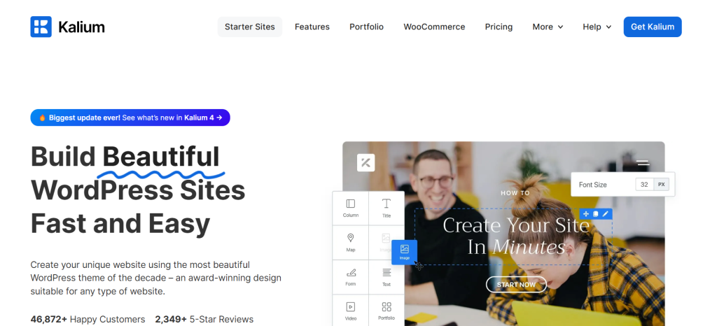 Kalium WordPress theme Screenshot of the Kalium WordPress theme website featuring the headline "Build Beautiful WordPress Sites Fast and Easy" with a graphic of a website editing interface and two individuals looking at a computer monitor.
