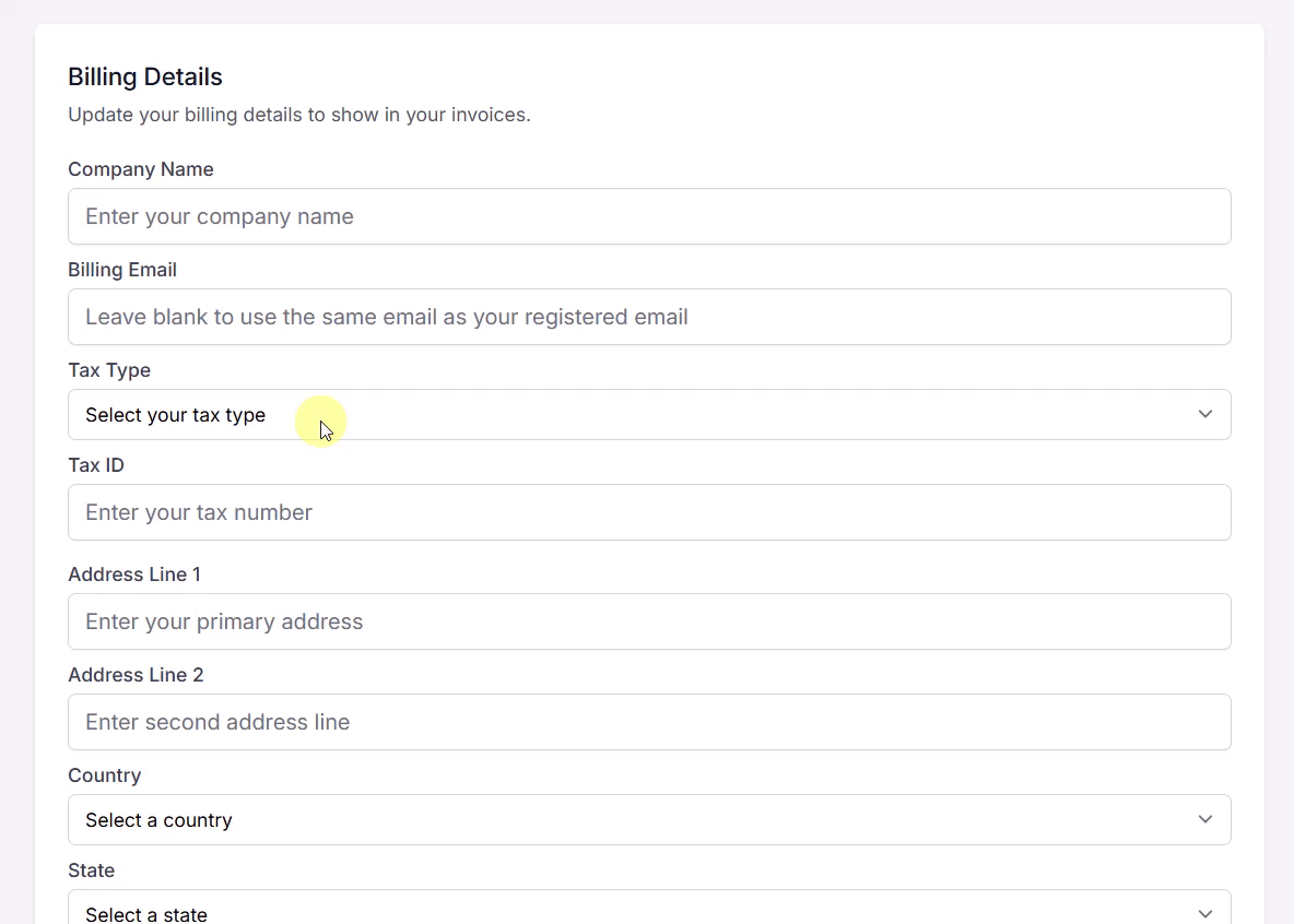 Country name field (Billing > Tax Type) Country name field (Billing > Tax Type)