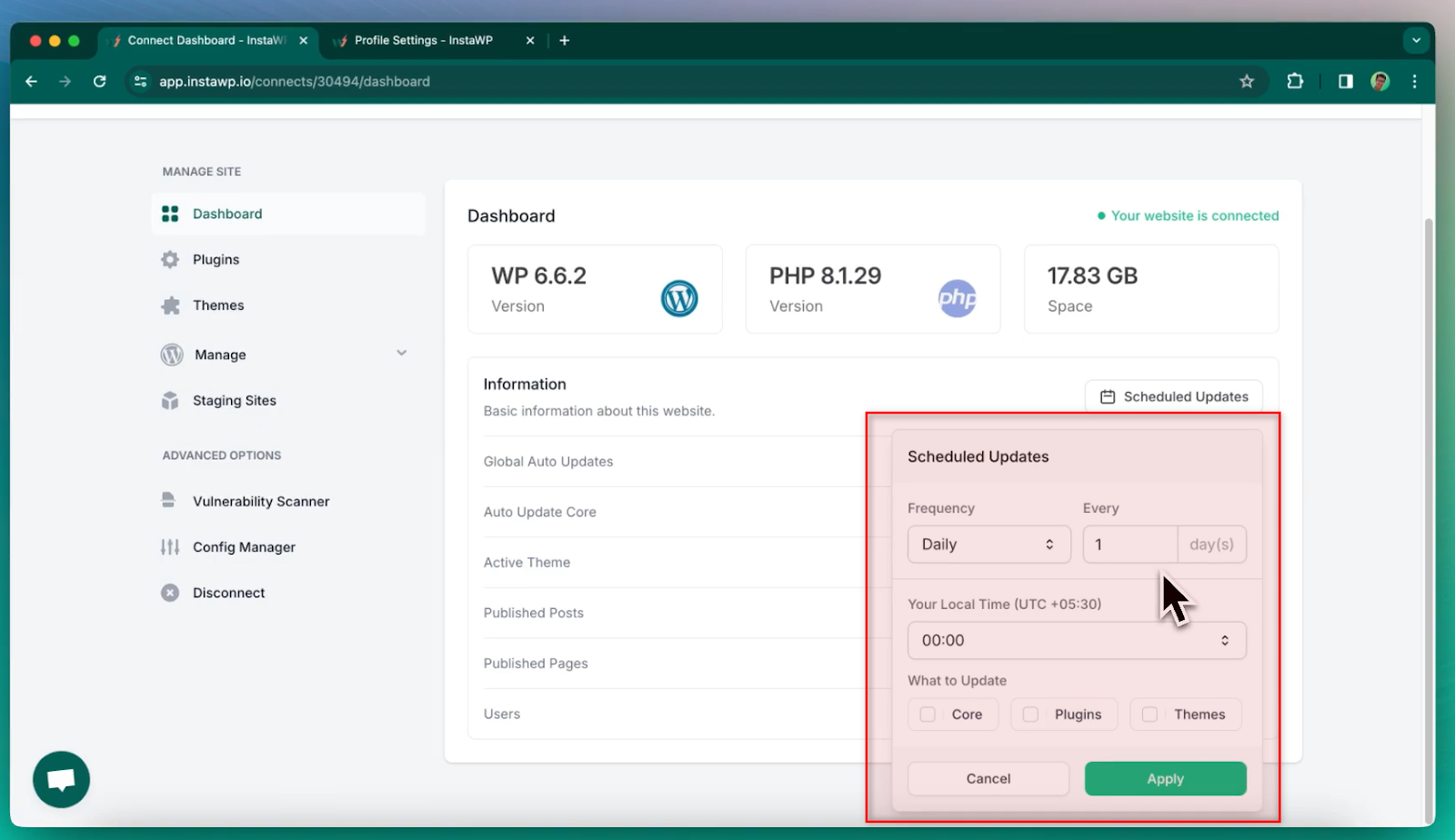Scheduled Updates for connected sites Scheduled Updates for connected sites