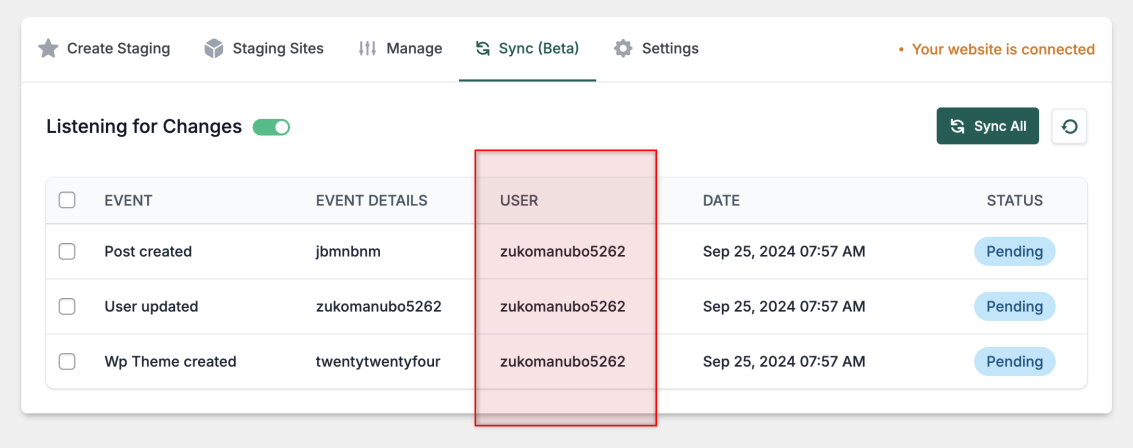 The "User" column in Sync Table The "User" column in Sync Table