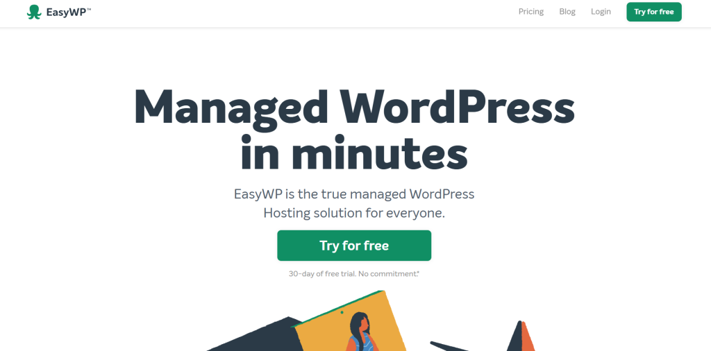 Screenshot of EasyWP homepage promoting Managed WordPress Hosting with a "Try for free" button.