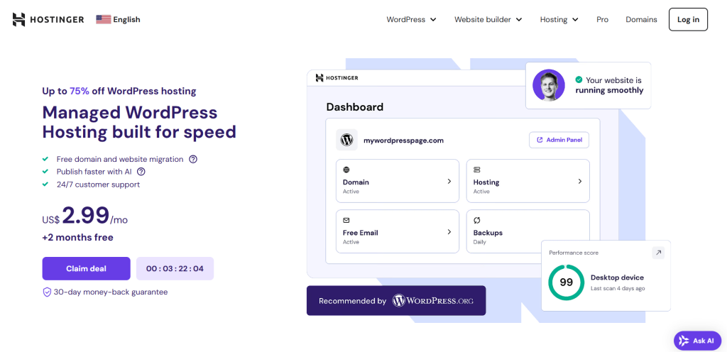 Screenshot of a promotional offer by Hostinger for Managed WordPress Hosting, featuring a discount price, user dashboard interface, and a performance score widget.