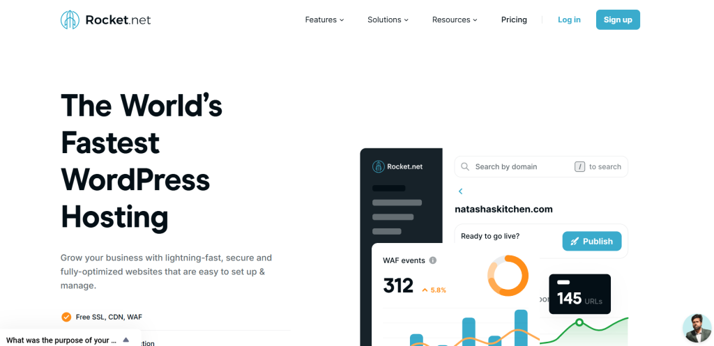 A screenshot of the Rocket.net website promoting the world's fastest WordPress hosting with a feature summary and visuals of the hosting interface.