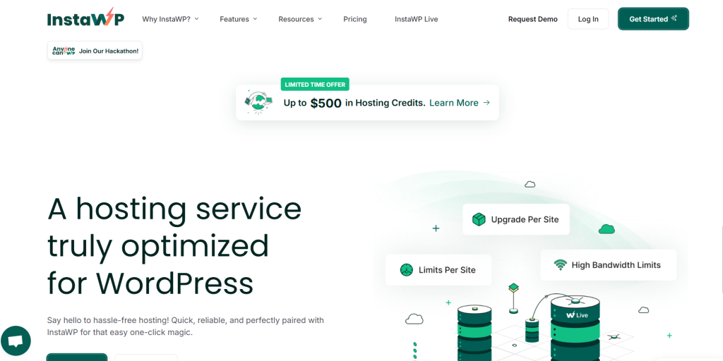 Screenshot of a web hosting service's promotional webpage optimized for WordPress with a banner for a limited-time offer and various hosting features highlighted.
