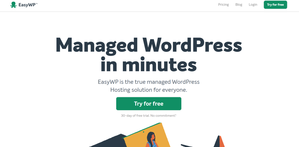 Screenshot of the EasyWP website promoting Managed WordPress Hosting with a "Try for free" button.