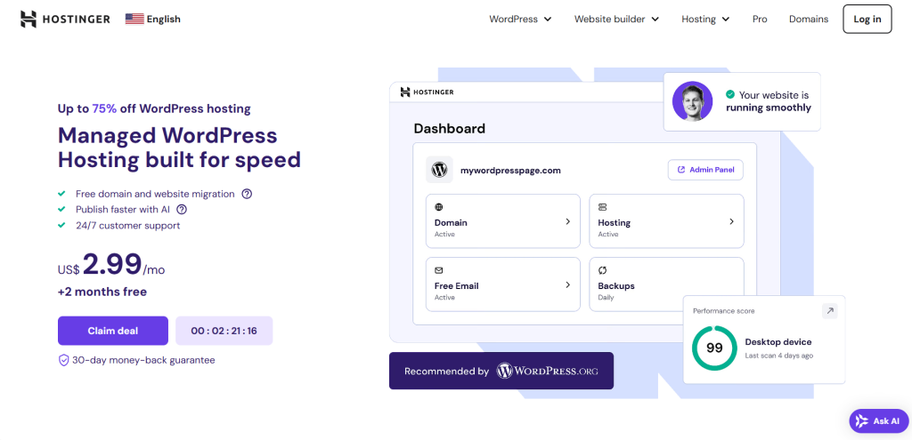 Screenshot of Hostinger website featuring a special offer on Managed WordPress Hosting with a user interface showing an active domain and website performance score.