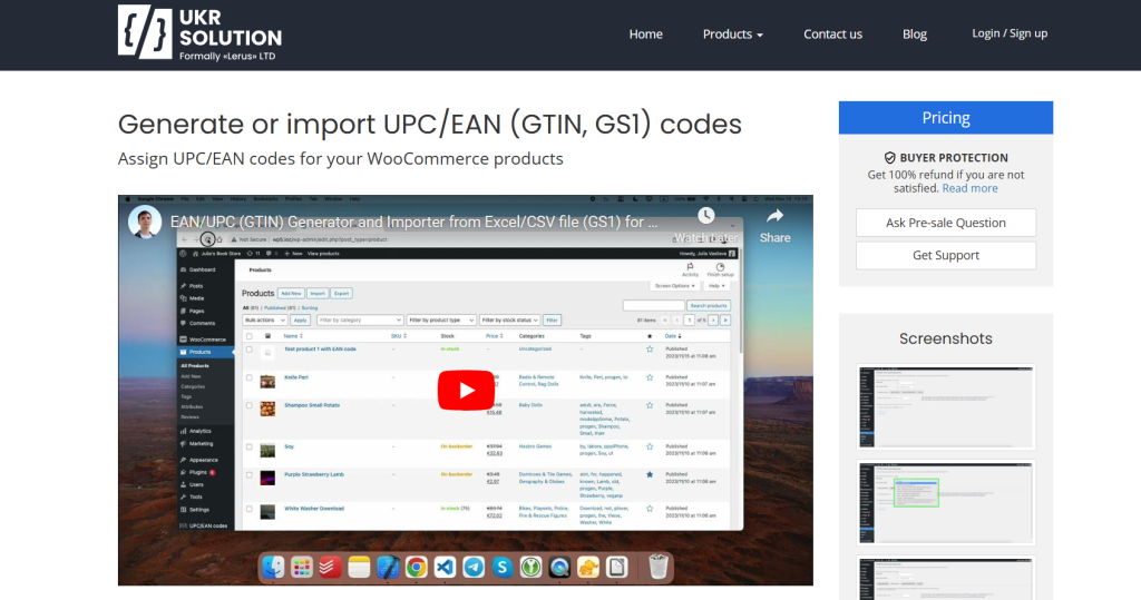 Screenshot of a WooCommerce UPC/EAN code generator and importer webpage by UKR Solution with a video tutorial and pricing information.