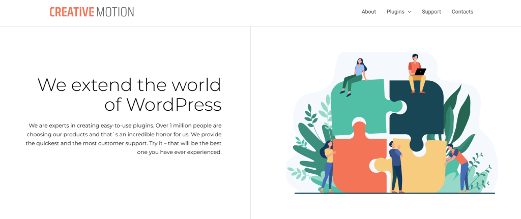 Illustration of people interacting with puzzle pieces representing WordPress services on a website header.