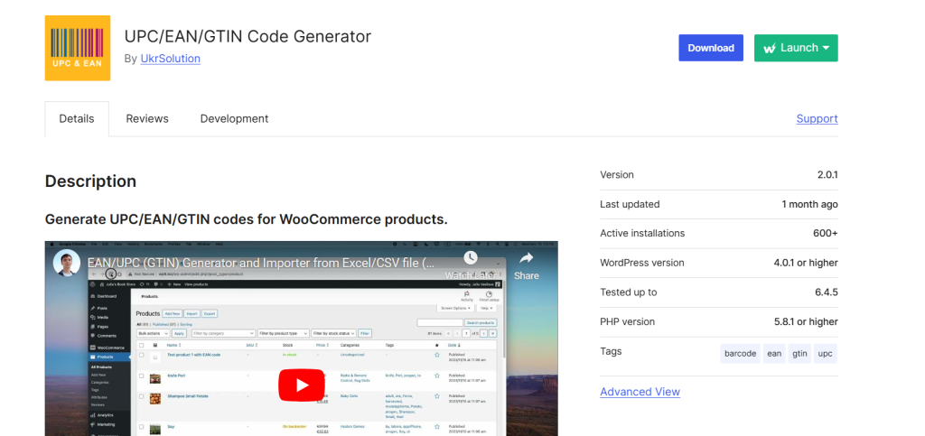 Screenshot of the WordPress plugin page for UPC/EAN/GTIN Code Generator, showing the plugin details, description, and a YouTube tutorial video thumbnail.