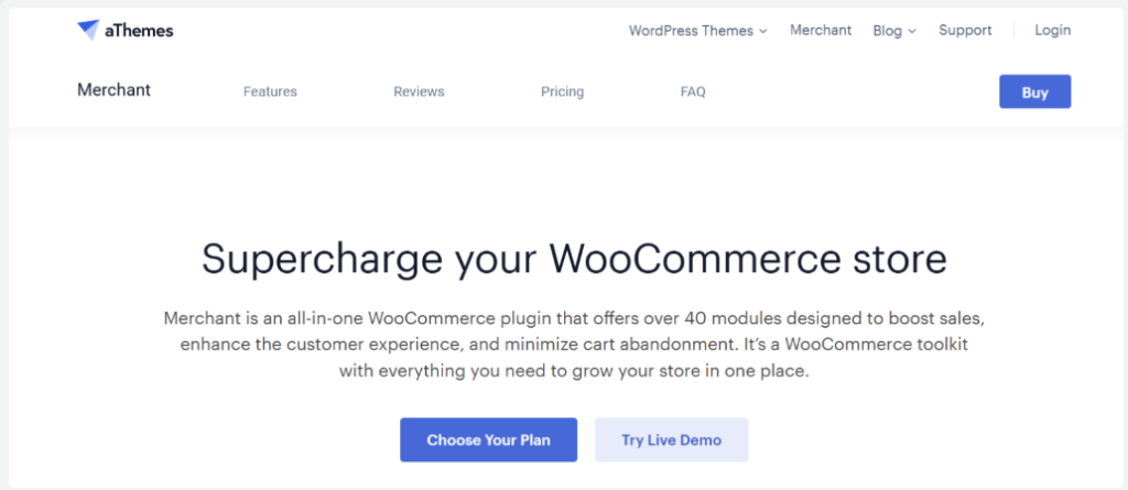 Screenshot of aThemes' Merchant page advertising a WooCommerce plugin with features, reviews, and pricing tabs, including a headline "Supercharge your WooCommerce store" and call-to-action buttons "Choose Your Plan" and "Try Live Demo".