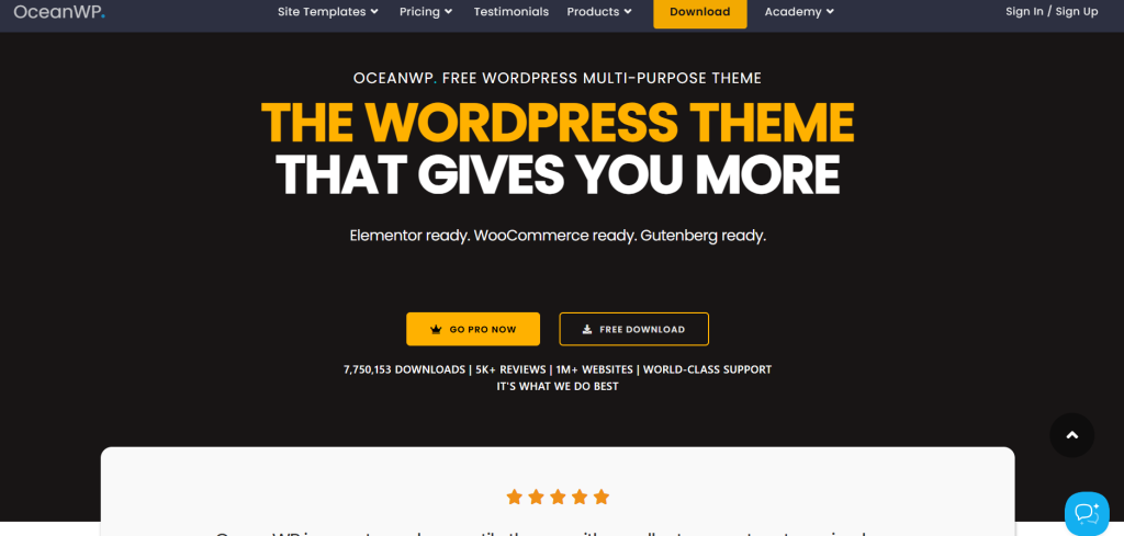 Screenshot of OceanWP website promoting their multi-purpose WordPress theme with buttons for going pro and free download.