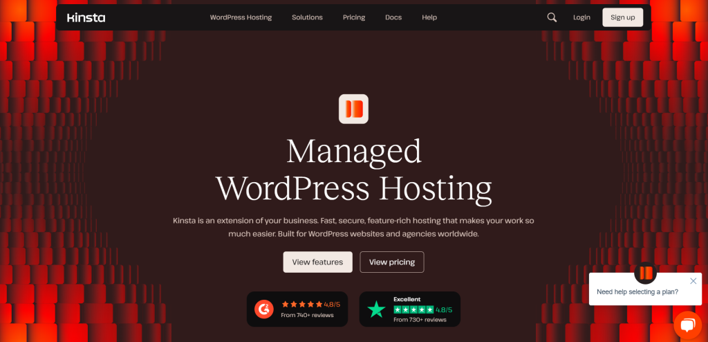 Screenshot of Kinsta's homepage promoting Managed WordPress Hosting with a dark red background and Customer Reviews.