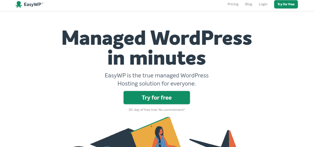 Screenshot of EasyWP homepage highlighting their managed WordPress hosting services with a 'Try for free' button.
