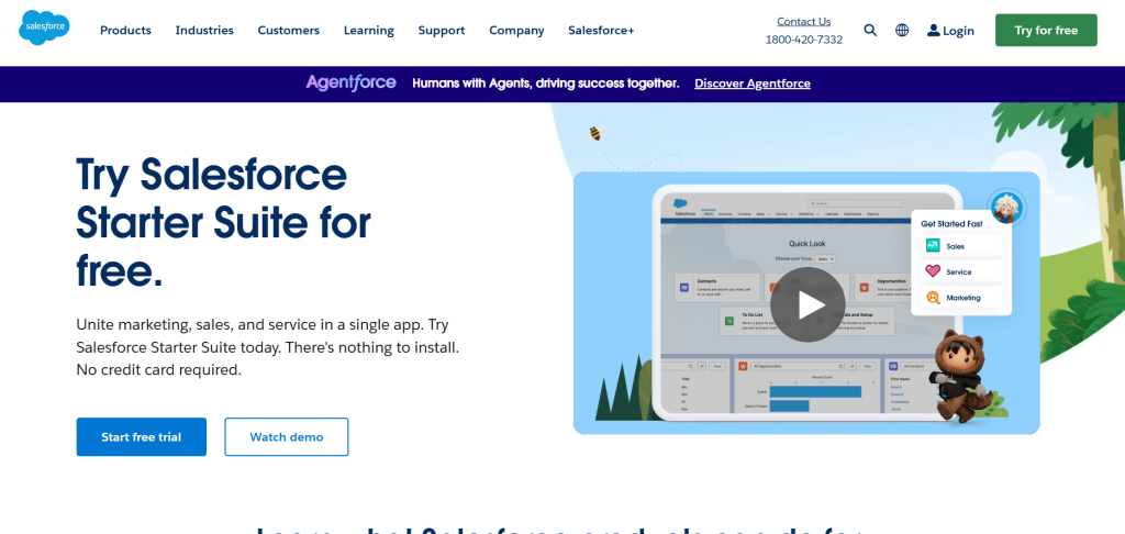 Screenshot of Salesforce website promoting a free trial of the Salesforce Starter Suite with a prominent call-to-action button and a mascot character.