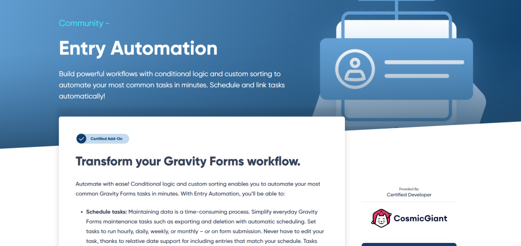 Screenshot of a webpage featuring Entry Automation tools for Gravity Forms, highlighting features like scheduling tasks and conditional logic automation, provided by CosmicGiant.