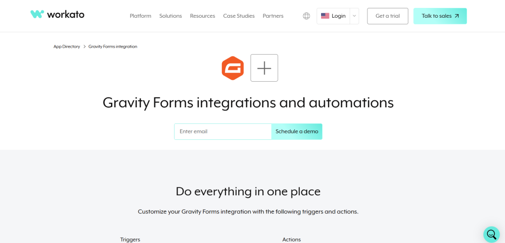 Screenshot of the Workato website featuring Gravity Forms integrations and automations with options to enter an email or schedule a demo.