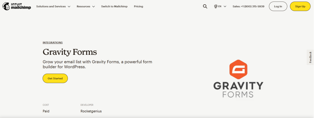 Screenshot of a Mailchimp webpage with the header 'Gravity Forms' promoting it as a form builder for WordPress, a 'Get Started' button, and additional information like cost and developer.