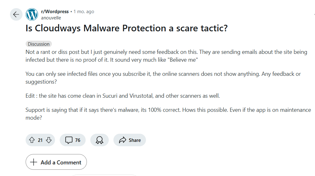Screenshot of a Reddit post where a user questions the legitimacy of Cloudways Malware Protection and seeks feedback from the community, mentioning emails about site infection without proof and conflicting reports from malware scanners.