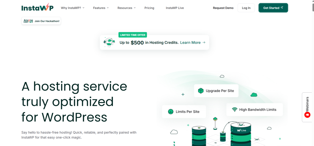 Screenshot of InstaWP website featuring a banner for a limited-time offer of up to $500 in hosting credits and text promoting WordPress-optimized hosting services.