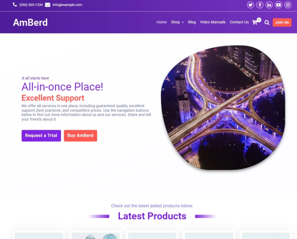 A screenshot of a corporate website with the name "AmBerd," featuring a circular image of a brightly lit, complex highway intersection at night as part of its design.