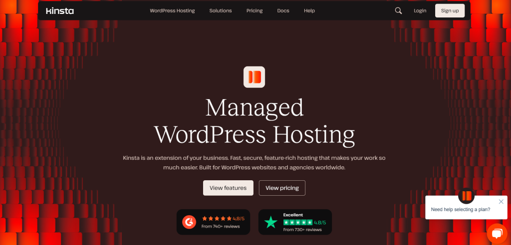 Screenshot showing the homepage of Kinsta's Managed WordPress Hosting, featuring their logo, service highlights, customer ratings, and a dark background with red design elements.
