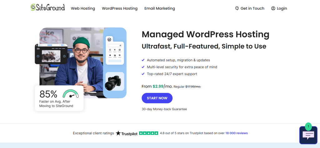 A man with glasses and a green beanie smiling beside promotional text for SiteGround Managed WordPress Hosting, with features and pricing displayed.