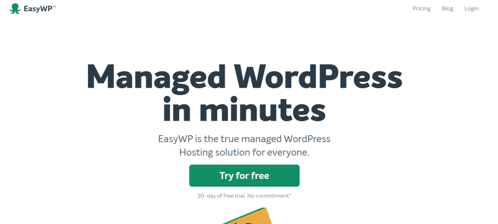Screenshot of the EasyWP webpage promoting managed WordPress hosting with a free trial offer.