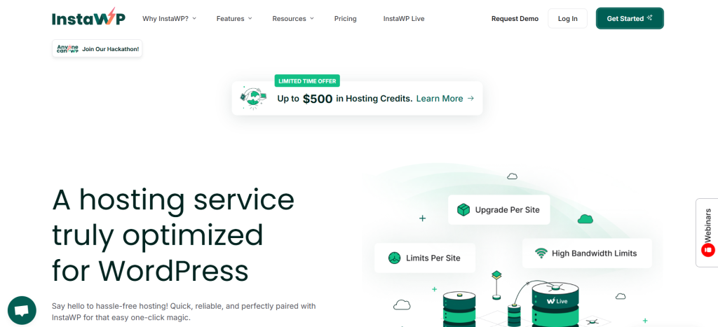 Screenshot of InstaWP website homepage promoting a limited time offer for hosting credits and features optimized for WordPress hosting.