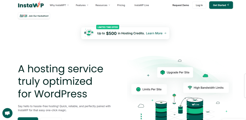 Screenshot of InstaWP homepage promoting a WordPress optimized hosting service with a limited time offer banner for up to $500 in hosting credits.