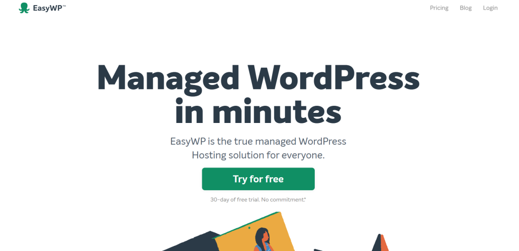 A screenshot of EasyWP's homepage featuring the headline 'Managed WordPress in minutes' with a green 'Try for free' button and an offer for a 30-day free trial.