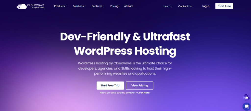 Screenshot of a Cloudways hosting webpage promoting Dev-Friendly & Ultrafast WordPress Hosting with a purple background, featuring a free trial and pricing buttons.