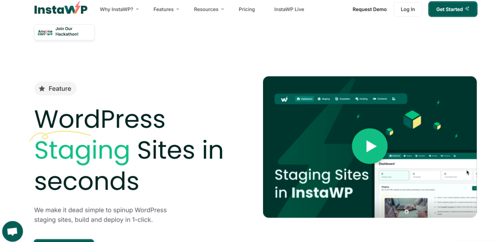 A screenshot of the InstaWP homepage highlighting the WordPress Staging Sites feature with a green-themed design and navigation menu.