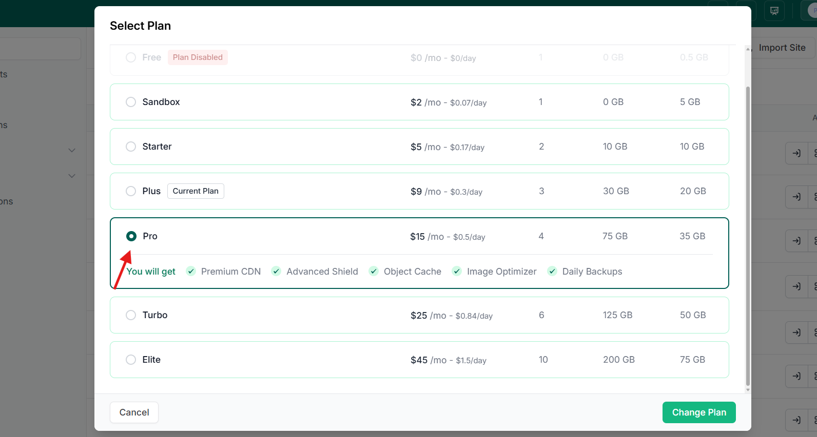 InstaWP Select Plan dialog listing Sandbox, Starter, Plus, Pro, Turbo and Elite with monthly and daily pricing
