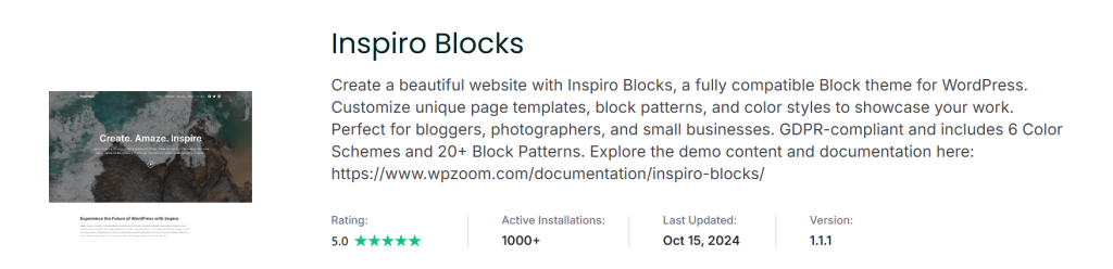 Screenshot showcasing the Inspiro Blocks WordPress theme details including features, rating, active installations, update date, and version number.