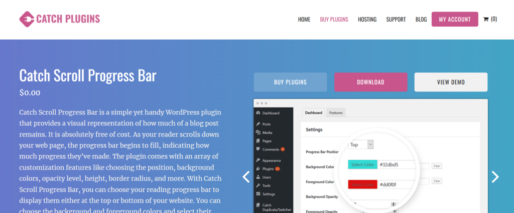 Screenshot of a website offering a free WordPress 'Catch Scroll Progress Bar' plugin with details and options for customization.