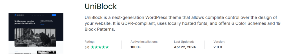 Screenshot of the UniBlock WordPress theme page showing its features, rating, number of installations, last update date, and version information.