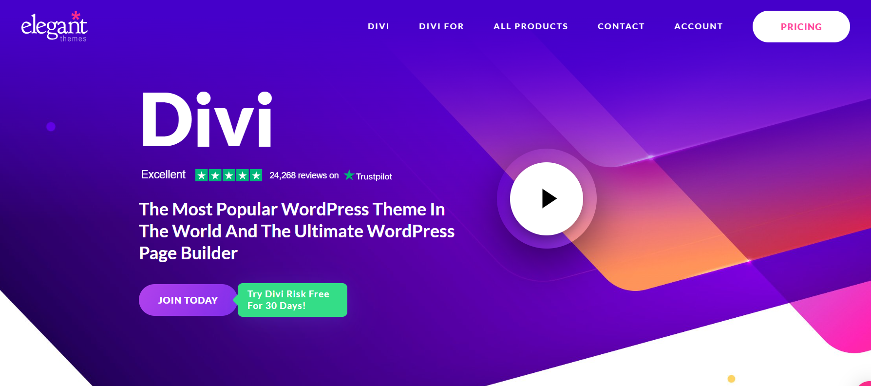 Screenshot of Divi landing page builder as an Elementor alternative homepage.