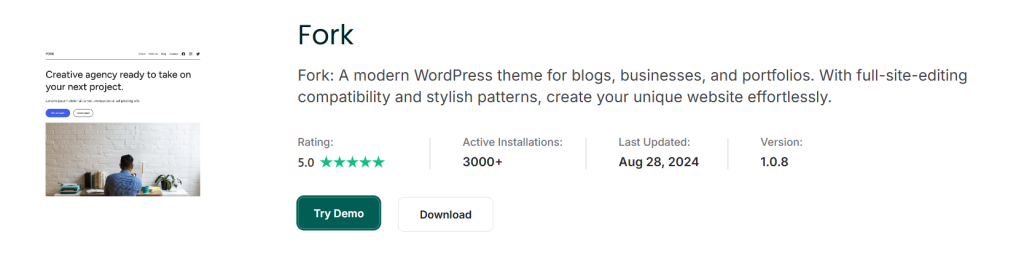 Screenshot of the 'Fork' WordPress theme page showing its description, rating, number of active installations, update date, and version, along with a 'Try Demo' and 'Download' button.
