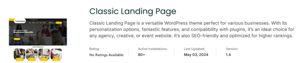 Screenshot of a Classic Landing Page WordPress theme overview, highlighting theme features and details such as active installations and last update date.