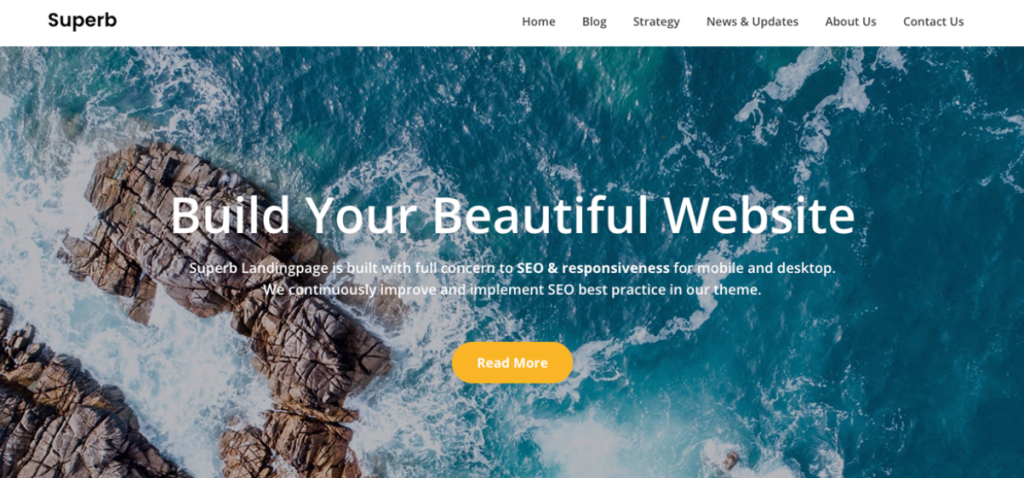 Homepage screenshot of the best WordPress theme offering various WordPress landing page templates – Superb Landingpage.