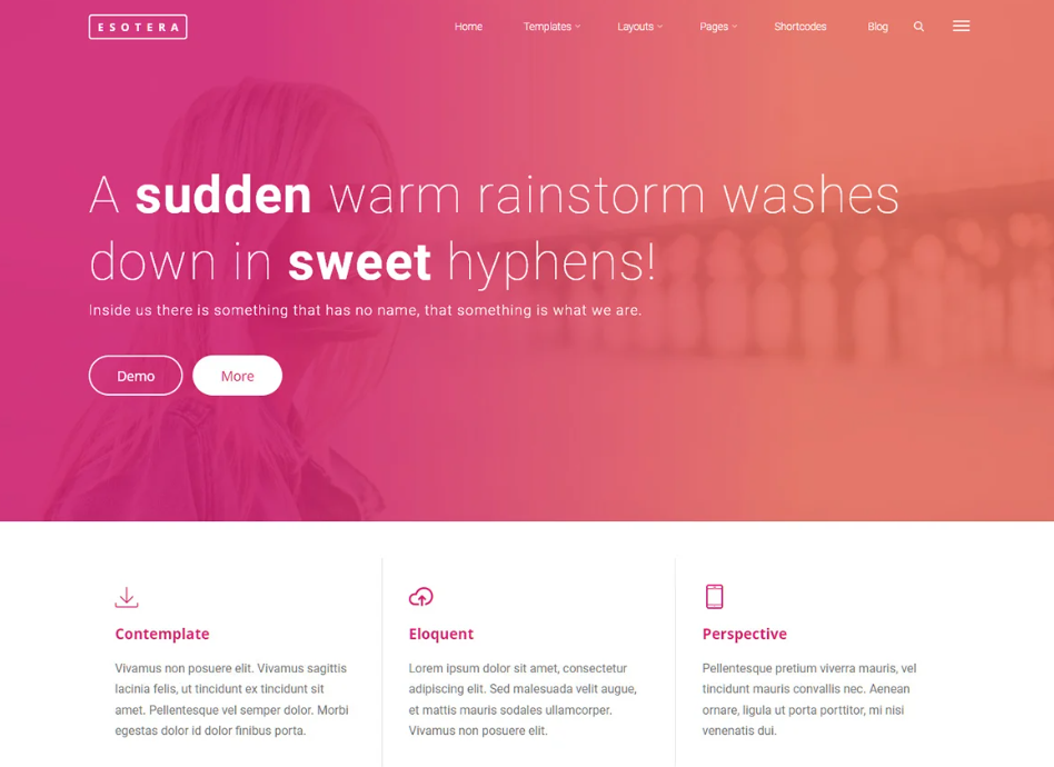 "Screenshot of Esotera, a feature-rich and best WordPress multipurpose theme with bold colors and unique layouts