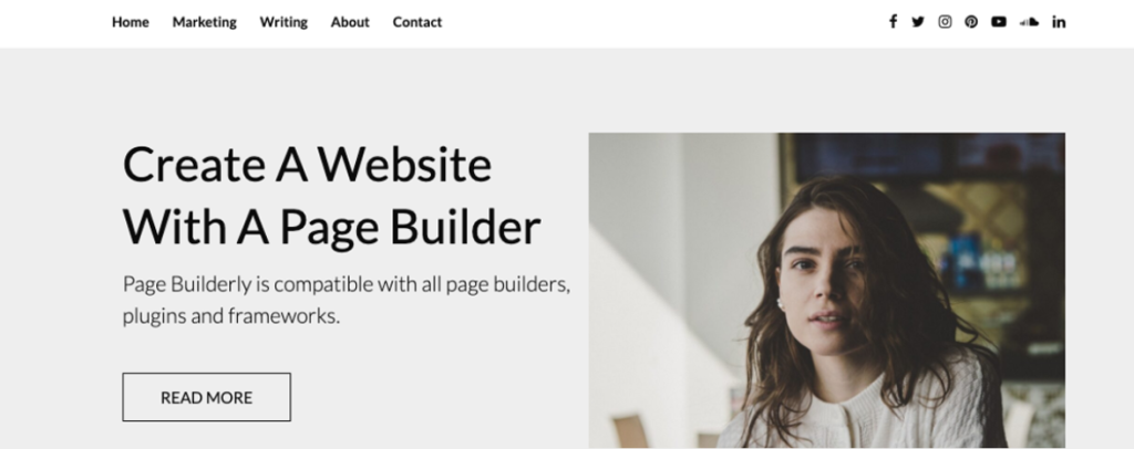 A webpage showing an advertisement for creating a website with a page builder, featuring a woman looking contemplatively to the side.