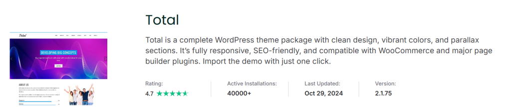 Screenshot of the 'Total' WordPress theme page showing features, ratings, and download information.