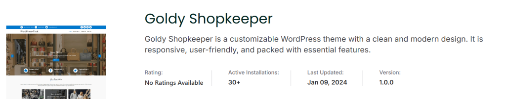 Screenshot of the Goldy Shopkeeper WordPress theme page showcasing theme details, features, and a preview image.