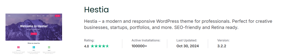 Screenshot of the Hestia WordPress theme page showing features, rating, and download statistics.