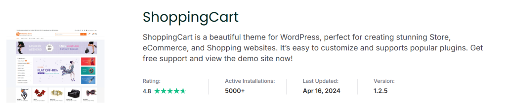 Screenshot of the ShoppingCart WordPress theme with features highlighted, including a 4.8-star rating, 5000+ active installations, last updated on April 16, 2024, and version 1.2.5.